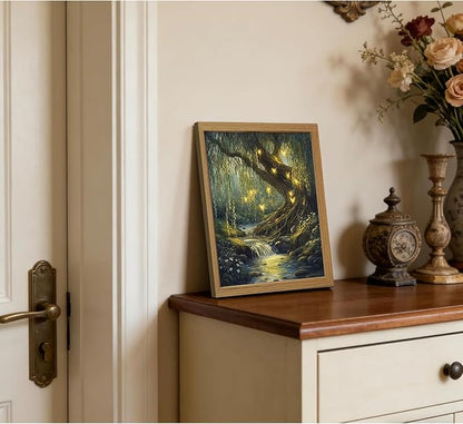 CXQILVER Vintage Enchanted Forest Framed Canvas Wall Art, Mystical Willow Tree and Glowing Butterflies Landscape Painting, Dark Cottagecore Nature Wall Decor for Bedroom Living Room Bathroom 8x10in