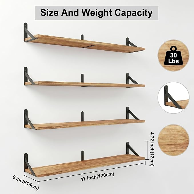 Long Wall Shelf,Large Floating Shelves for Wall,Wood Floating Bookshelves Hanging,Book Storage Display for Living Room Bedroom Office Bathroom Decor,4 Pack,47 Inch,Carbonized Black