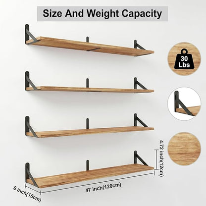 Long Wall Shelf,Large Floating Shelves for Wall,Wood Floating Bookshelves Hanging,Book Storage Display for Living Room Bedroom Office Bathroom Decor,4 Pack,47 Inch,Carbonized Black
