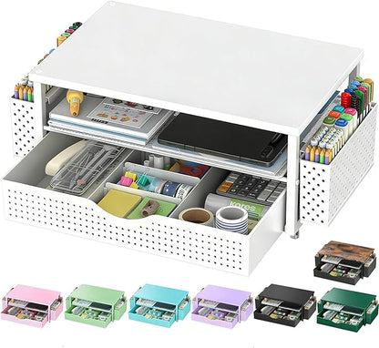 Spacrea Desk Organizer and Accessories, Computer Monitor Stand Riser with Drawer and 2 Pen Holders, Office Desk Accessories & Workspace Organizers for Office Supplies (White)