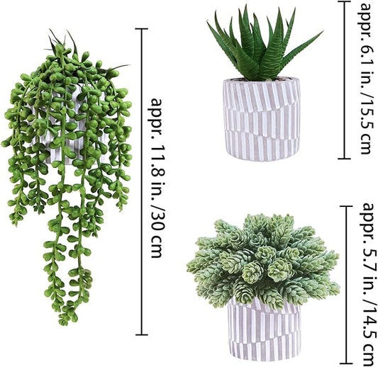 Winlyn 3 Pack Small Faux Succulent Plants Fake String of Pearls Aloe Hops Succulents in Gray Geometric Concrete Pots Artificial Potted Plant for Office Desk Home Tabletop Windowsill Shelf Decor