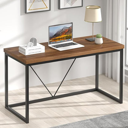 FOLUBAN Modern Computer Desk, Rustic Wood and Metal Study Writing Table, Simple Work Gaming PC Desk for Home Office, Walnut 53 Inch