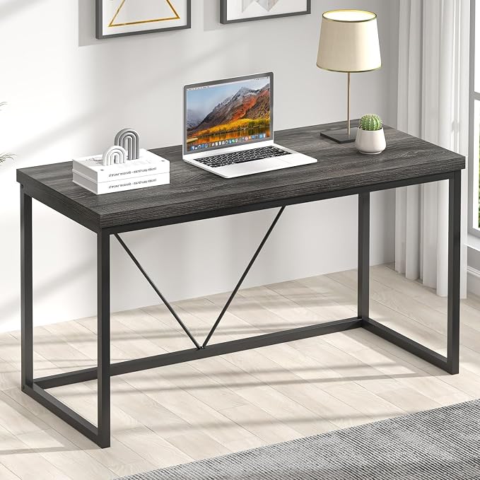 FOLUBAN Home Office Desk, Industrial Vintage Computer Desk, Rustic Wood and Metal Study Writing Table, Simple Work Gaming PC Desks for Bedroom Living Room, Dark Gray 53 Inch