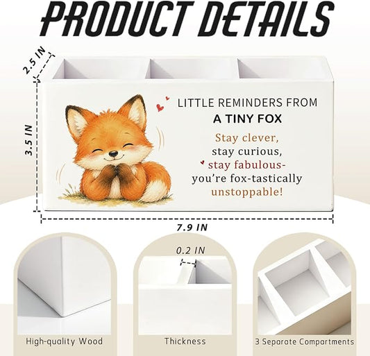 Positive Fox Pen Pencil Holder Desk Accessories Gifts for Women | Cute Fox Inspirational Pen Pencil Wooden Organizer Office Accessories Decorations for Dorm Room Bedroom Tabletop Desk Decor