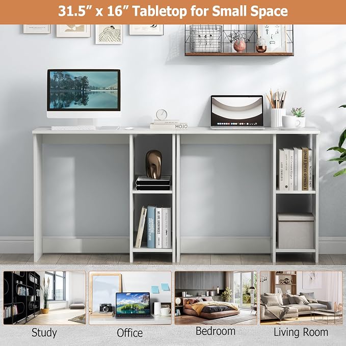 Giantex White Small Desk for Bedroom, 31.5 Inch Home Office Computer Desk with Shelves, Space Saving Study Writing Desk, Modern Simple Laptop Desk for Small Spaces, White