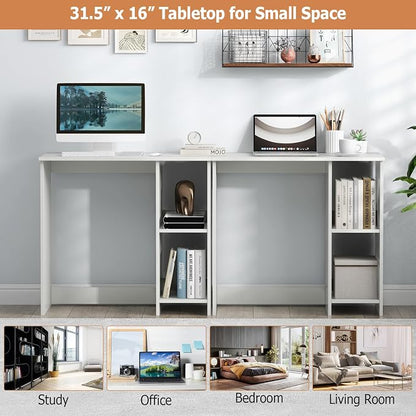 Giantex White Small Desk for Bedroom, 31.5 Inch Home Office Computer Desk with Shelves, Space Saving Study Writing Desk, Modern Simple Laptop Desk for Small Spaces, White