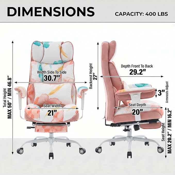Efomao Watercolor Fabric Executive Office Chair Home Foot Rest, Pink | Soft Breathable Computer Desk Seat, Plush Comfy Cushion, Aesthetic Pastel Floral Patterns for Studio Vanity Cozy Setup
