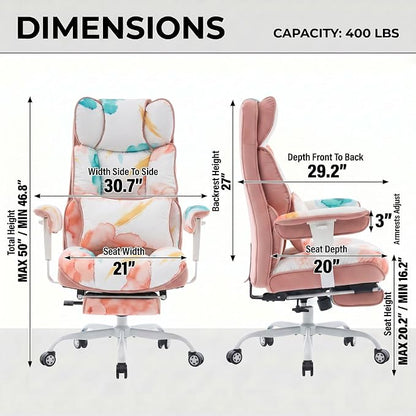 Efomao Watercolor Fabric Executive Office Chair Home Foot Rest, Pink | Soft Breathable Computer Desk Seat, Plush Comfy Cushion, Aesthetic Pastel Floral Patterns for Studio Vanity Cozy Setup
