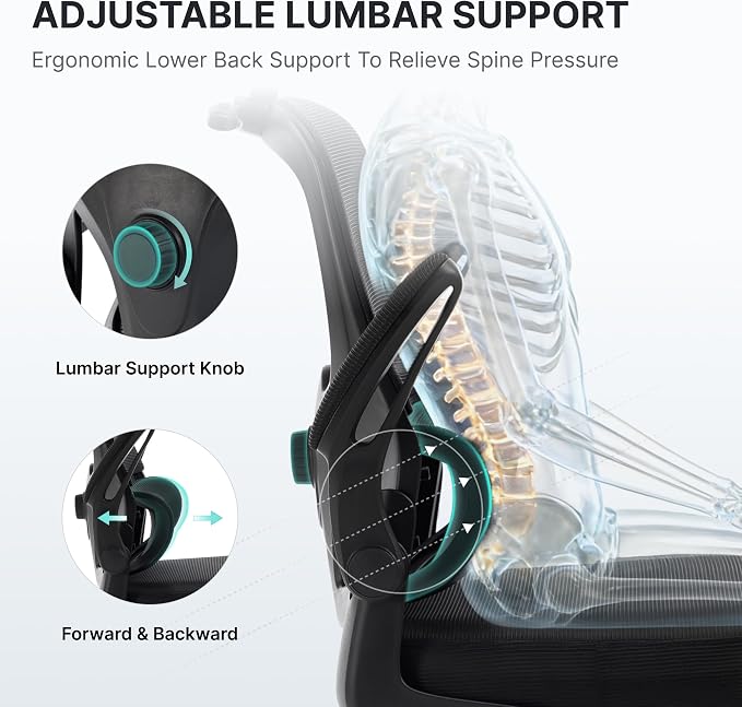 Ergonomic Office Chair, 330lbs Mesh Desk Chair with Adjustable Lumbar Support, 3D Headrest and Flip-Up Arms, Comfortable High Back Computer Chair for Home Office