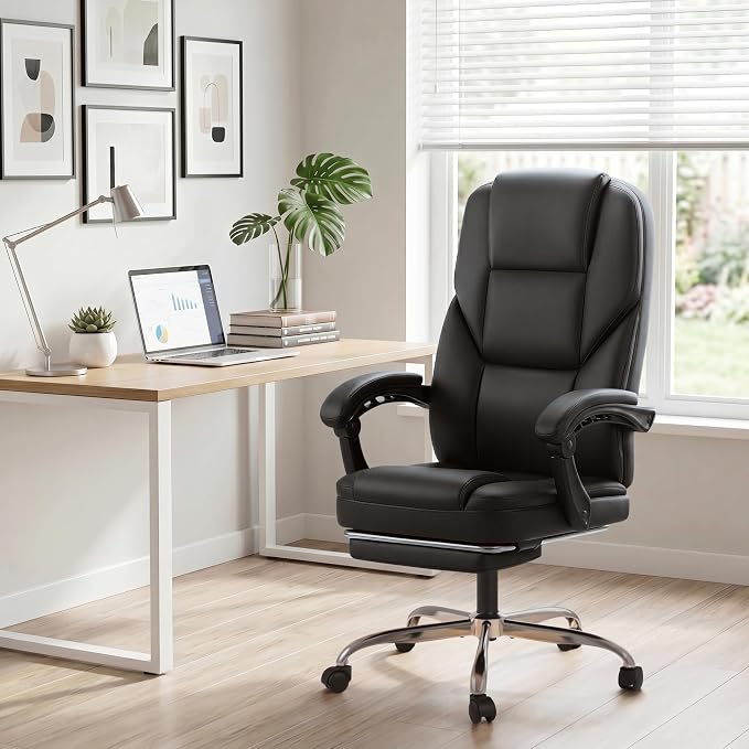 Furmax Massage Office Chair with Foot Rest Executive Big and Tall Office Chair Ergonomic Home Office Desk Chairs, Reclining High Back Leather Chair with Lumbar Support, 400LBS (Black)