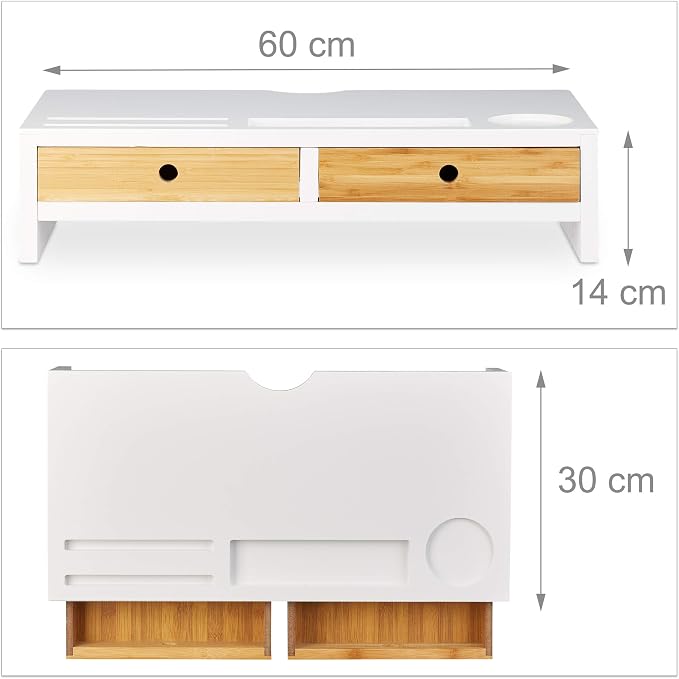 Relaxdays Bamboo PC Monitor Stand, Screen Riser with 2 Drawers & Compartments, Computer Workstation HWD 14 x 60 x 30 cm, White/Natural