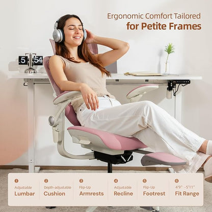 CabLady S2 Petite Office Chair for Women & Small Frames | 330lb Capacity, 4D Adjustable Lumbar/ Headrest, Flip-Up Arms & Footrest, Ergonomic Desk Chair