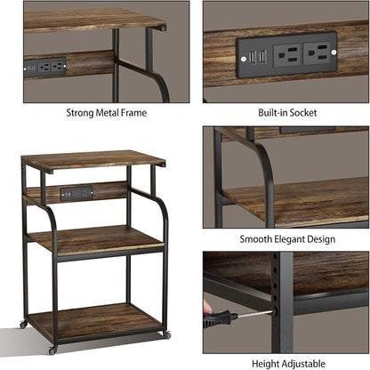 Large Printer Stand with 3-Tier Wood Storage Shelves with Power Outlet - Multi-Purpose Desk Organizer for Printer Scanner Fax Home Office Use with Wheels (Rustic Brown)