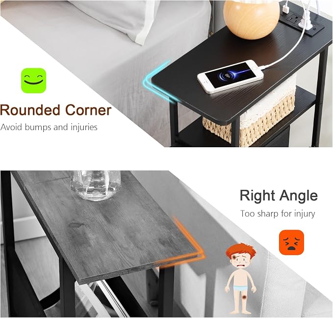 LOAKEKEL Narrow End Tables Living Room Set of 2 with Charging Station, Skinny Side Table with Fabric Drawers, Slim Nightstand for Bedroom, Small Spaces, Couch, Black, HETNDP03BK