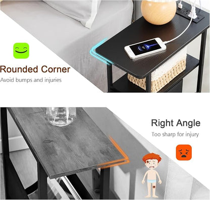 LOAKEKEL Narrow End Tables Living Room Set of 2 with Charging Station, Skinny Side Table with Fabric Drawers, Slim LED Nightstand for Bedroom, Small Spaces, Couch, Black, HETNDP03LBK