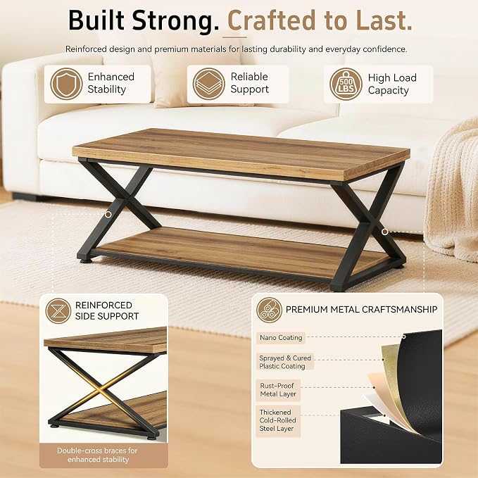 Coffee Table with Storage, 2 Tier Farmhouse Center Table, Rectangle Cocktail Tea Table for Living Room Bedroom, Rustic Brown,39Inch