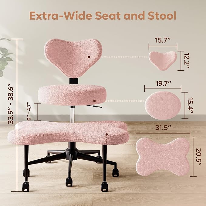 Pinmoco Ergonomic Cross Legged Chair, 360° Swivel Meditation Chair with Wheels, Height Adjustable Seat for ADHD, Strong Lumbar Support, Chic Home Office Furniture, Teddy Fabric, Pink