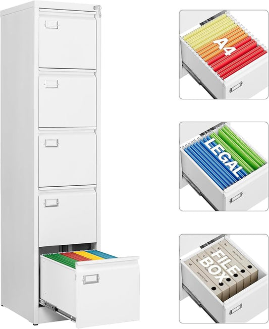 SISESOL 5 Drawer File Cabinet with Lock,White Narrow Vertical File Cabinet Five Drawer,Tall Office Filing Cabinets,Metal Filing Cabinets for Home Office,Fit A4,Legal,Letter Size,-Assembly Required