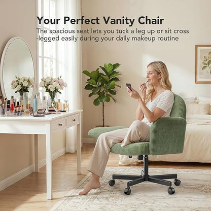 HUANUO Criss Cross Office Chair for Women, Cross Legged Desk Chair with Adjustable Armrests, Soft Corduroy Fabric for Small Spaces, Petite Home Office Computer Chair for Girls, Light Green