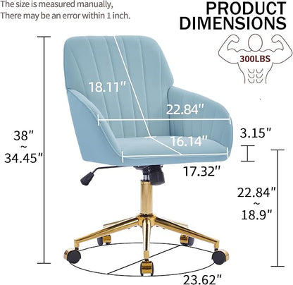 YITAI Velvet Office Desk Armchairs with Gold Base and Wheels,Modern Height Adjustable 360 Degree Swivel Upholstered Vanity Chairs for Living/Room Bedroom/Study,Light Blue