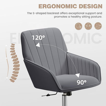 YISHENG Velvet Office Desk Chair with Silver Base, with Wheels,Modern Height Adjustable 360 Degree Swivel Upholstered Vanity Chairs with Arms for Living Room Bedroom,Gray