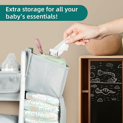 Moteph Rolling Utility Cart with Side Storage, 3-Tier Diaper Cart & Baby Caddy Organizer for Nursery Essentials, Bedside/Postpartum Nursing Cart, Craft & Art Storage Organizer, Rolling Book Cart
