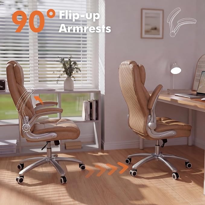 GYI Big and Tall 400lb Office Chair, Leather Executive Desk Chair, Brown | 24"Wide Seat, High Back, Space-Saving Flip-up Arms, Lumbar Support, Heavy Duty Base, Home, Conference Room
