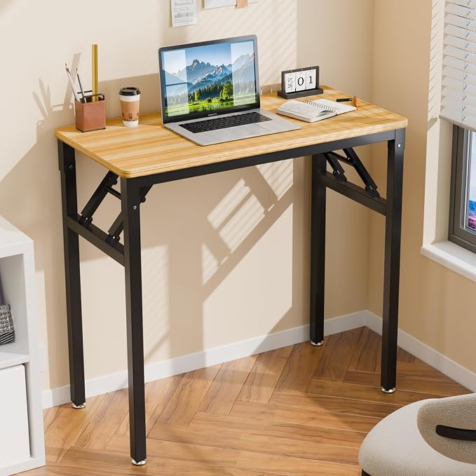 VINGLI Small Computer Desk No Assembly Required, Folding Desk As Writing Table, Dining Table and Workbench, Foldable Desk for Small Space & Home Office (31.5, Teak & Black Frame)