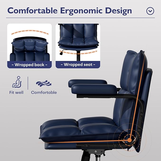 Ollega Mid Century Modern Desk Chair, Vintage Leather Office Chair, Blue | Petite Computer Chair for Small to Medium Women, Thickened Back, Cozy Seat, Adjustable Height for Home