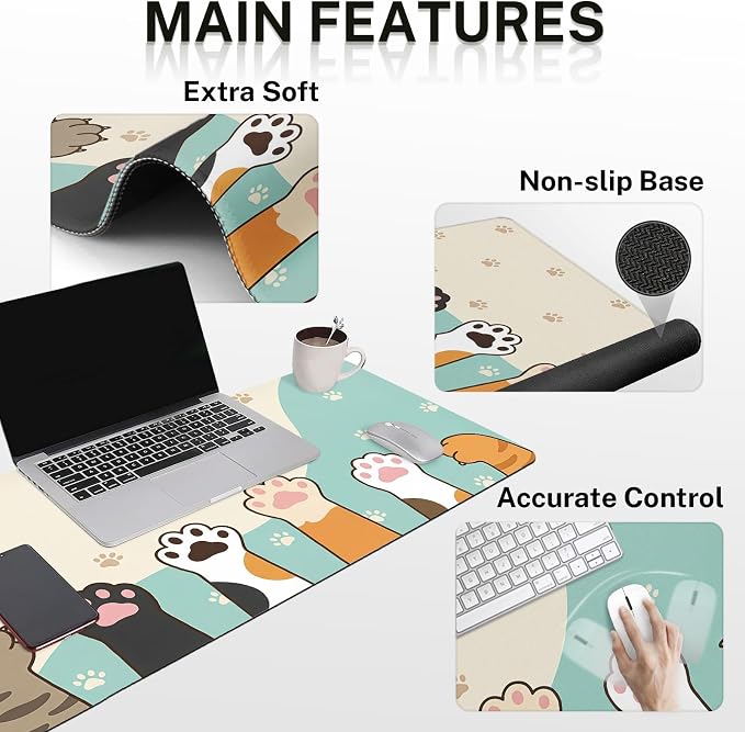 Britimes Kawaii Cat Paws Keyboard Mouse Pad Set Cute Cartoon 4in1 Large Mousepad+Keyboard Wrist Rest+Mouse Wrist Rest+Coaster Ergonomic Design for Home Office Computer 35.4x15.7 inches