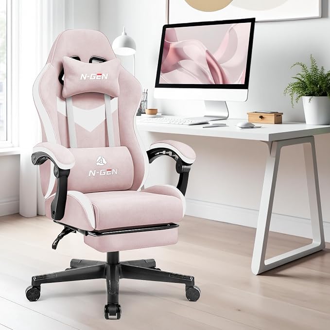 N-GEN GAMING Video Gaming Chair with Footrest Lumbar Support for Home Office High Back Recliner Height Adjustable Ergonomic Comfy Fabric Computer Desk Chair (Pink)