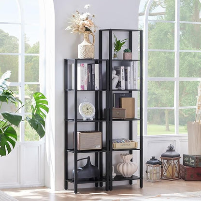 YUFAM 54in Tall Bookshelf 5-Tier Small Narrow Bookcase, Skinny Book Shelf for Small Space, Farmhouse Slim Shelf with Storage, Wood Freestanding Display Thin Bookshelves for Living Room, Office, Black