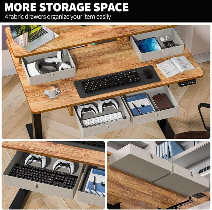 Kingant 48 x 30 Inch Electric Standing Desk with 4 Drawers, Adjustable Height Computer Desk for Home Office, Large Workstation Sit Stand Up Desk with Built-in USB A/C Ports, Light Rustic Brown