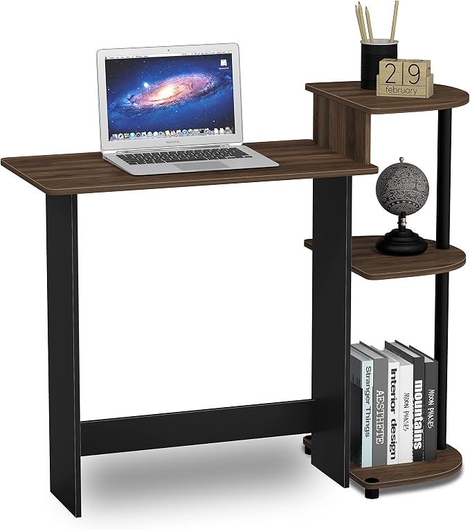 Furinno Compact 29-Inch Rustic Brown Computer Desk, Gaming Desk with Shelves, Office Desk with Book Shelf, for Home Office, Study Room, Dorm, Bedroom, Brown Walnut