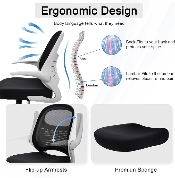 HYLONE Tall Drafting Chair Standing Desk Chair with Flip-Up Armrests, Adjustable Height Ergonomic Office Chair with Footrest Ring - High Stool Chair for Standing Desk (Black Mesh&White Base)