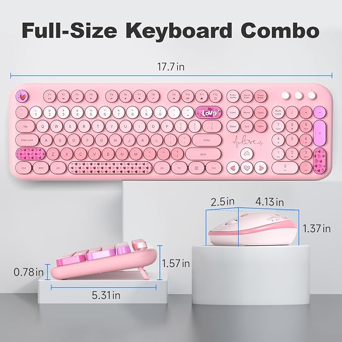 Atelus Wireless Keyboard and Mouse, Typewriter Full Size Keyboard with Number Pad and 2 in 1 USB Connected Mouse for Windows 7/8/10, Laptop, Desktop, PC, Computer (Pink Colorful)
