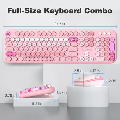 Atelus Wireless Keyboard and Mouse, Typewriter Full Size Keyboard with Number Pad and 2 in 1 USB Connected Mouse for Windows 7/8/10, Laptop, Desktop, PC, Computer (Pink Colorful)