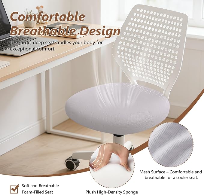 Small Office Chair with Wheels, Armless Desk Chair Height Adjustable Swivel Rolling Task Chair Breathable Mesh Ergonomic Computer Work Chair for Adult, Gray