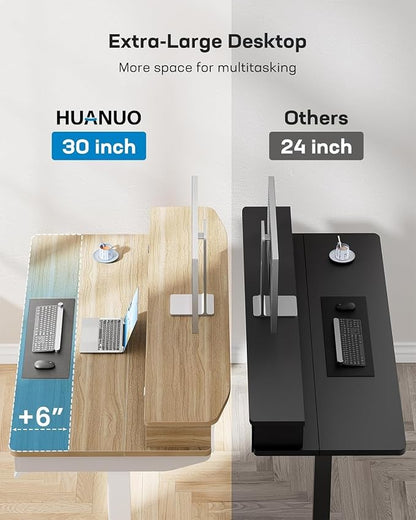 HUANUO 55 x 30 inch Standing Desk with Wood Drawers,Electric Stand up Home Office Desk Adjustable Height with Two Tiers, Natural Ergonomic Stand up Desk with Monitor Stand