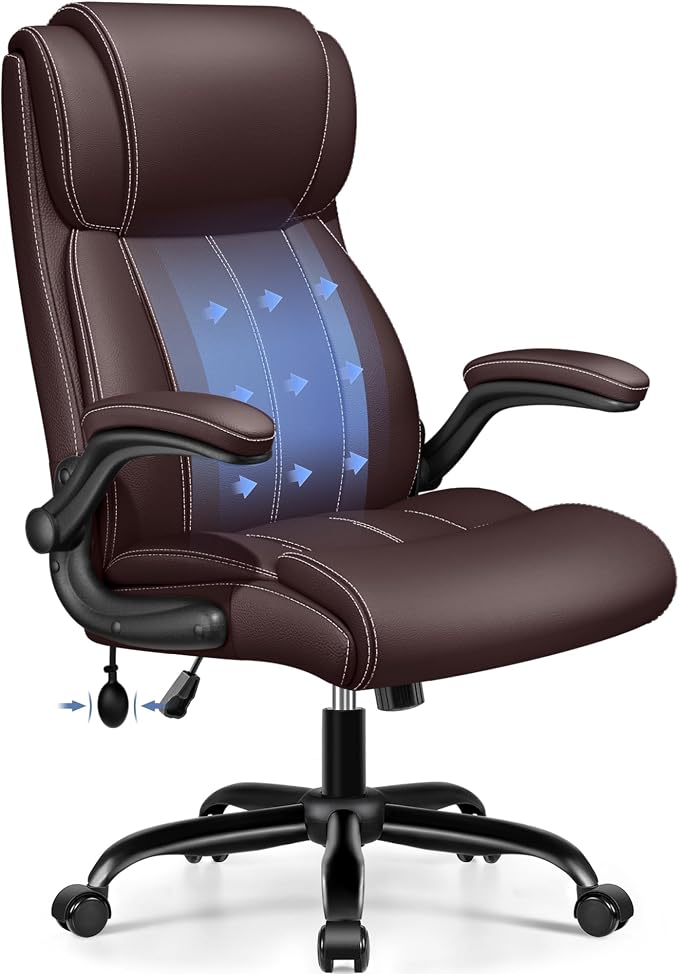 BESTFAIR Ergonomic Office Chair, Inflatable Lumbar Support High Back Coffee | Adjustable Lumbar For Custom Comfort, Padded Flip-Up Arms, 21" Wide Seat, Scratch-Resistant Pu Leather, Rocking & Heavy-Duty