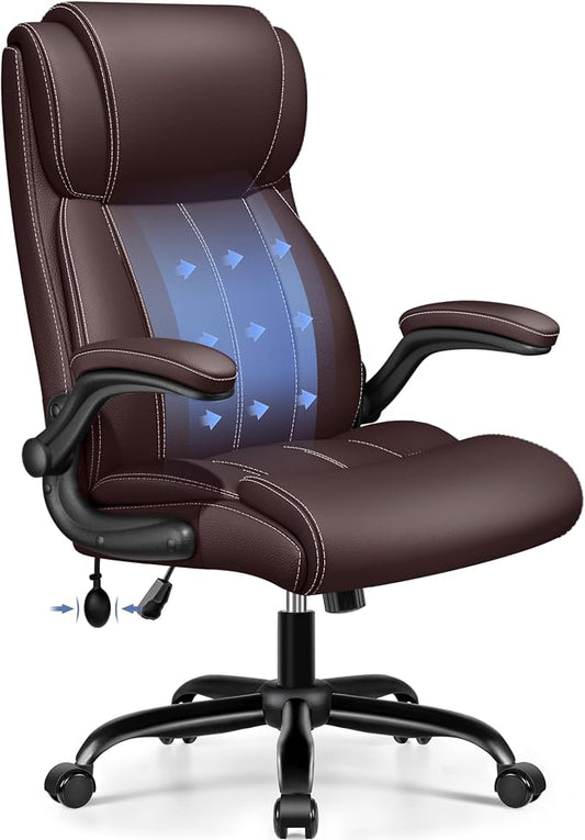 BESTFAIR Ergonomic Office Chair, Inflatable Lumbar Support High Back Coffee | Adjustable Lumbar For Custom Comfort, Padded Flip-Up Arms, 21" Wide Seat, Scratch-Resistant Pu Leather, Rocking & Heavy-Duty