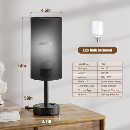 Touch Bedside Table Lamp with Memory - Stepless Dimmable Lamp for Bedroom, Small Nightstand Lamp with Dual USB Charging Ports and AC Outlet, Wood Night Light, Desk Lamp for Nursery, (Black & Black)