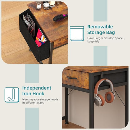 CAIYUN Computer Office Desk for Small Space with Fabric Drawers, Home Office Desk for Bedroom with Side Pocket and Hook, 31 Inch Brown Kid’s Desk, Writing Desk, Study Table and Work Desk