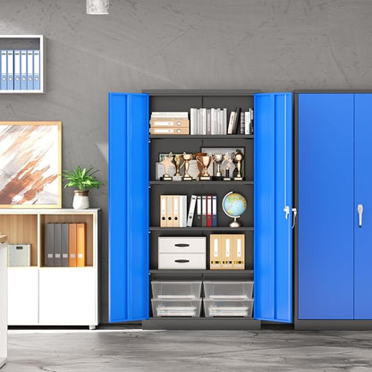 INTERGREAT Metal Garage Storage Cabinet with Lock, 72" Storage Cabinet with Locking Doors and 4 Adjustable Shelves, Lockable Steel Tool Cabinet for Home Office, School, Black Blue