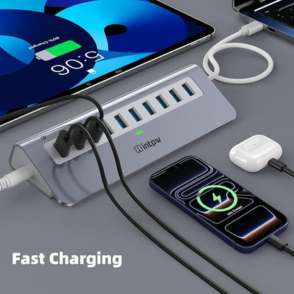 Powered USB Hub 10Gbps, 10 Port USB 3.2 Gen 2 Hub with 7 USB 3.2 Data Ports, 3 Fast Charging Ports, 36W Power Adapter, Type A and Type C Cable, Aluminum USB Hub for Laptop, Mac, PC