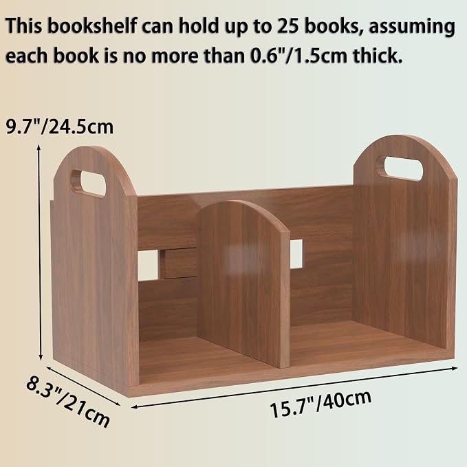 Wood Desktop Bookshelf, Upright Tabletop Book Shelf With Adjustable Divider Secure Books in Place, Desk Shelf for Top of Desk in Living Room Home Office, Perfect for Books Magazine File (Walnut Brown)
