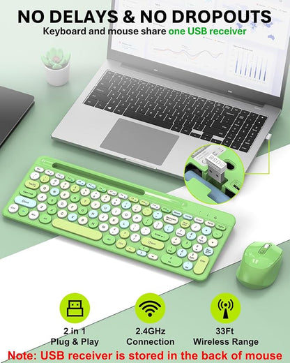 Colorful Wireless Keyboard and Mouse Combo - Round Keycaps, 2.4GHz Retro Typewriter Keyboard with Number Pad, Cute Compact USB Keyboard and Mouse for Computer PC Desktop Laptop (Green)