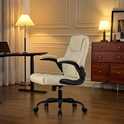 Leather Office Chair, 300lbs Heavy Duty Mid-Back Desk Chairs with Flip-up Armrests, Space-Saving Swivel Task Chair with Wheels, Adjustable Height and Ergonomic Back Support, Beige