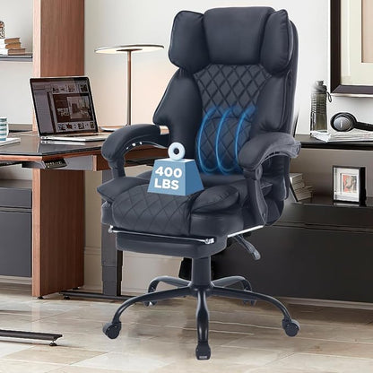 Big Tall Reclining Executive Office Chair with Footrest, 400lbs Ergonomic Recliner Desk Chairs with Lumbar Support, Heavy Duty High Back Lower Back Support Computer Chair with Wheels, Black