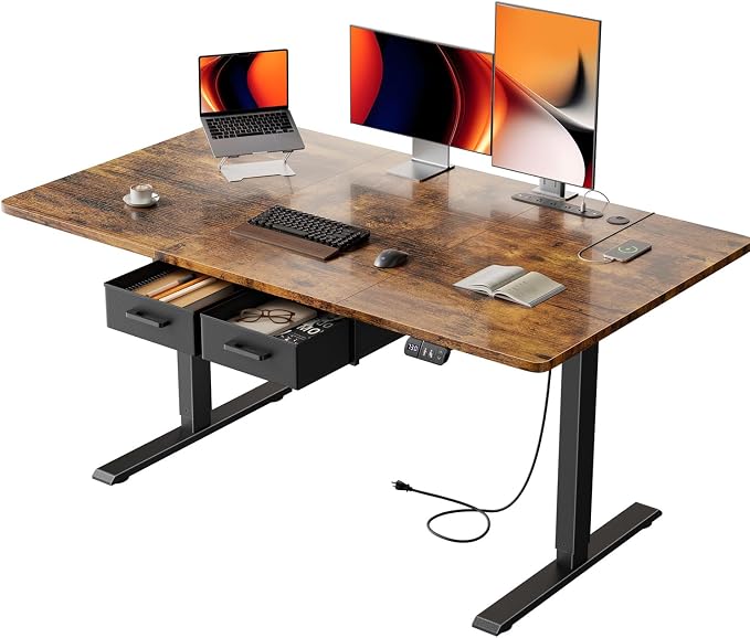 HLDIRECT 55" Electric Standing Desk with Outlets & 2 Drawers, Rustic Brown | 31.5" extra-wide desktop, 176lb, 28.35"- 46.06" height range, 3 memory presets, home office ergonomic workstation